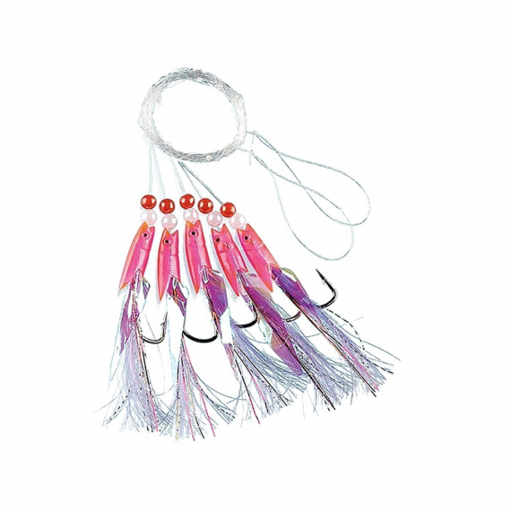 Fladen Pink Rubber w. white Feathers 5 Hooks in de groep Kunstaas / Kunstaas voor zeevissen / Flasher Rigs & Zeevissen Rigs bij Sportfiskeprylar.se (1201-1-0r)
