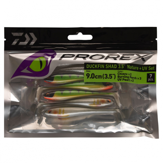 Daiwa PX Duckfin Shad 8,9cm (7pcs) - Nature + UV Set in de groep Kunstaas / Softbaits / Baars Softbaits & Snoekbaars Softbaits bij Sportfiskeprylar.se (32-216789)