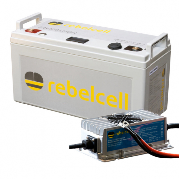 Rebelcell 24V100 Li-ion Med Laddare Waterproof 29.4V20A in de groep Marine Elektronica & Boot / Batterijen & Opladers / Batterijen / Lithium batterijen bij Sportfiskeprylar.se (RC24V100PACK)