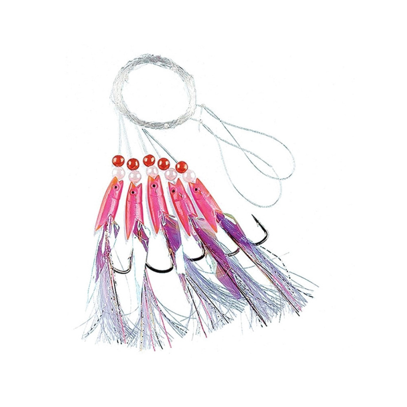Fladen Pink Rubber w. white Feathers 5 Hooks, size 1/0