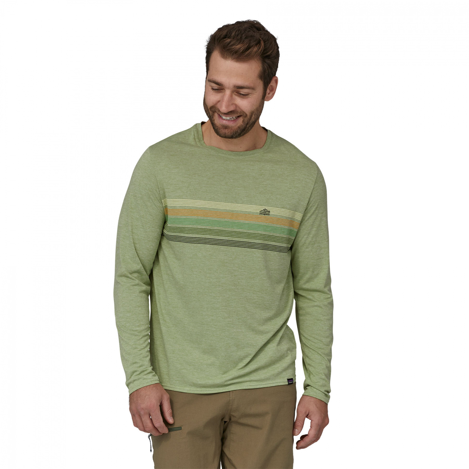 Patagonia M\'s L/S Cap Cool Daily Graphic Shirt Line Logo Ridge Stripe: Salvia Green X-Dye